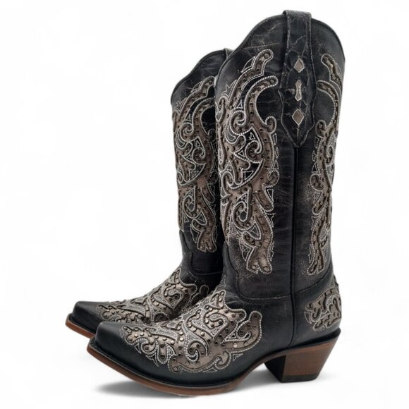 Corral Women's Size 7 Black Dual Tone Inlay Intricate Embroidery Western Boots - Picture 6 of 15